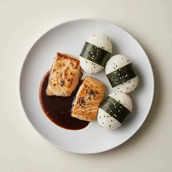 Ginger Soy Miso Fish With Nori Rice Ball & Black Bean Sauce